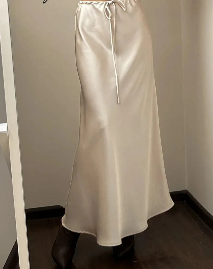 Long Satin Drawstring Skirt