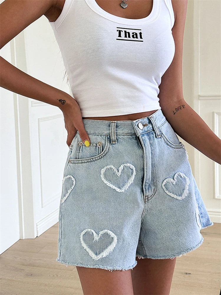 Heart printed denim shorts