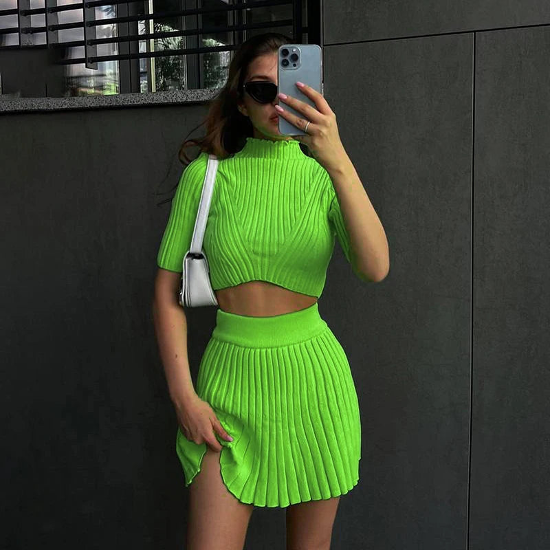 Pleated Knit Skirt and Crop Top Set