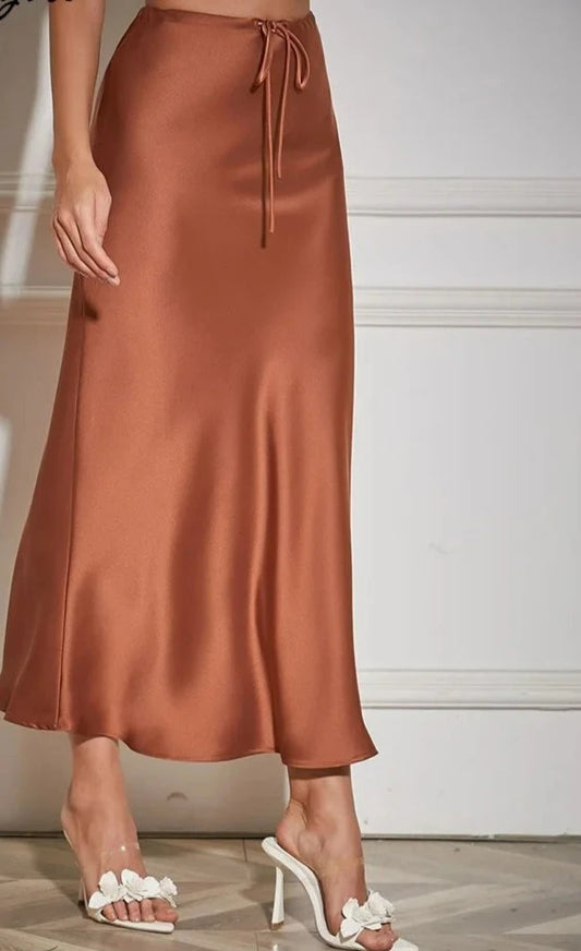 Long Satin Drawstring Skirt